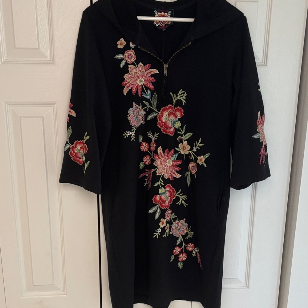 Johnny Was Black Midi Dress with Pink & Red Floral Embroidery